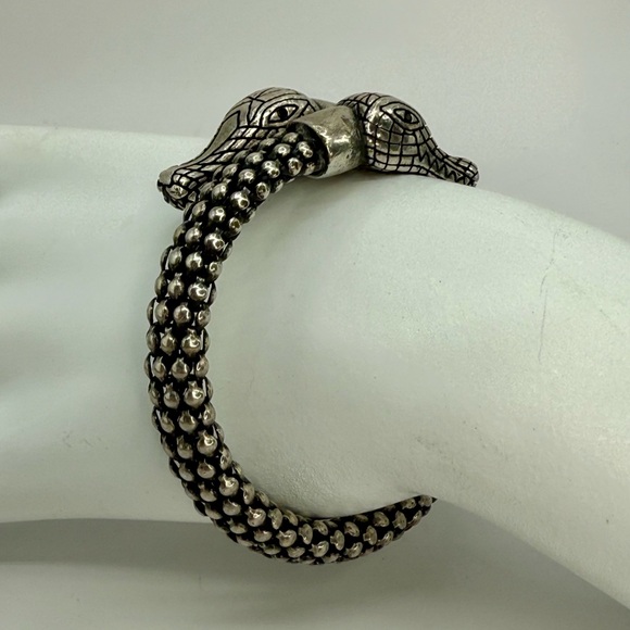 Vintage Silver-Tone Double Alligator Head Bracelet Bead Coil w Rhinestone Eyes - Picture 3 of 17